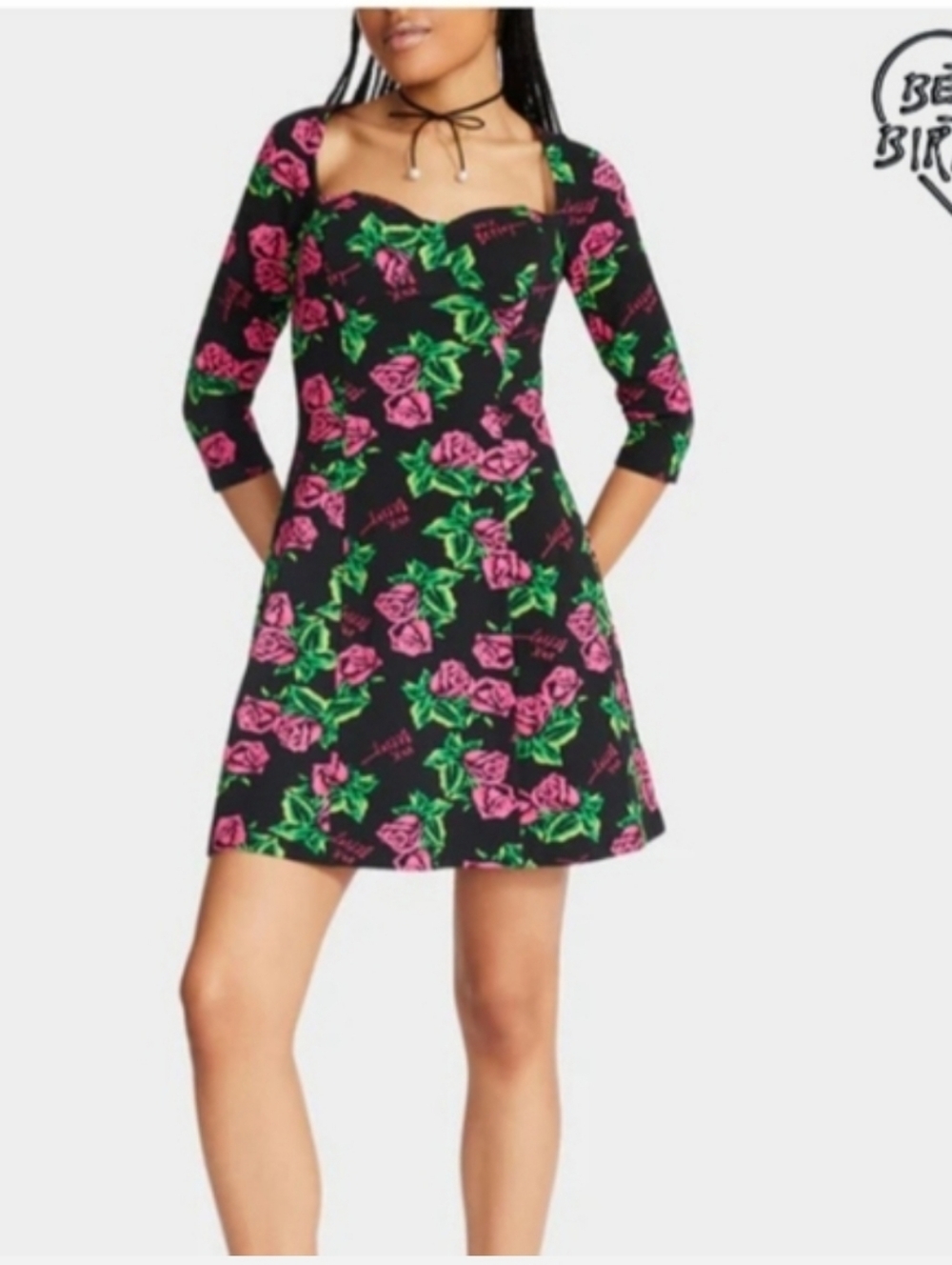 Betsey Johnson Black Mini Dress with Pink Roses and Green Leaves